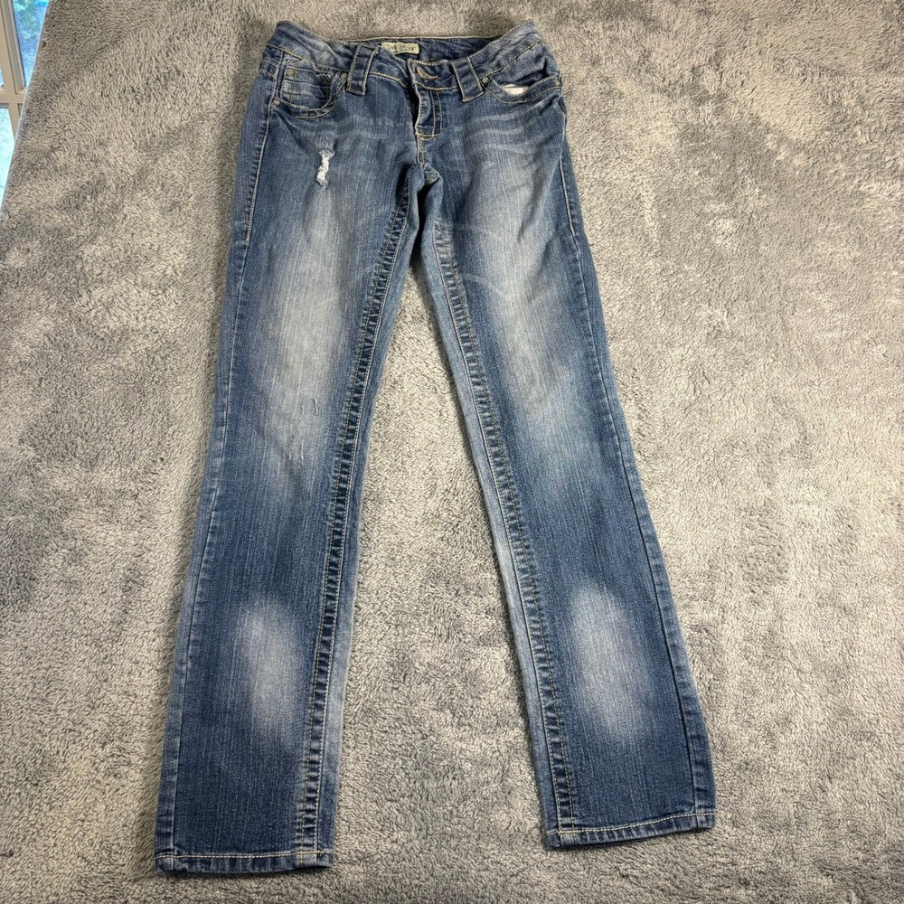 Paris Blues Womens Straight Leg Jeans Blue Distressed Low Rise Size 7 KLE2869S